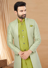Exclusive Contrasting light green Thread and Detailed Embroidery Work Indo Western, Sherwani | Indian Traditional Mens Wear